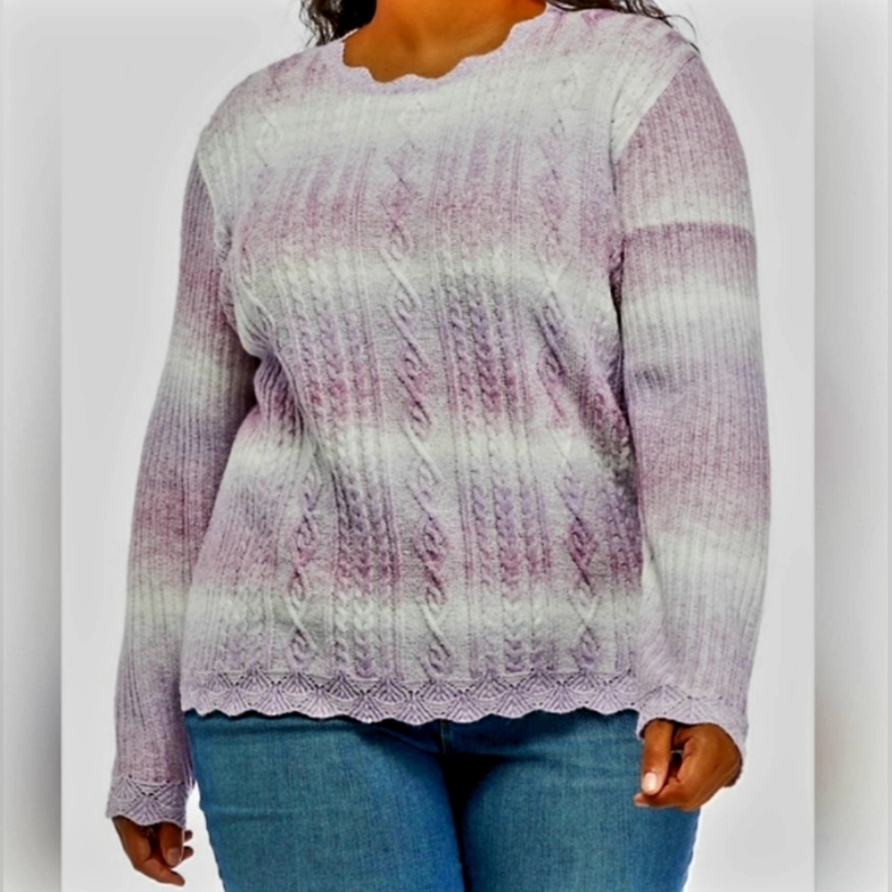 Ladies Plus 1X Alfred Dunner Ombré Sweater Cable-knit Pullover Purple White NWT